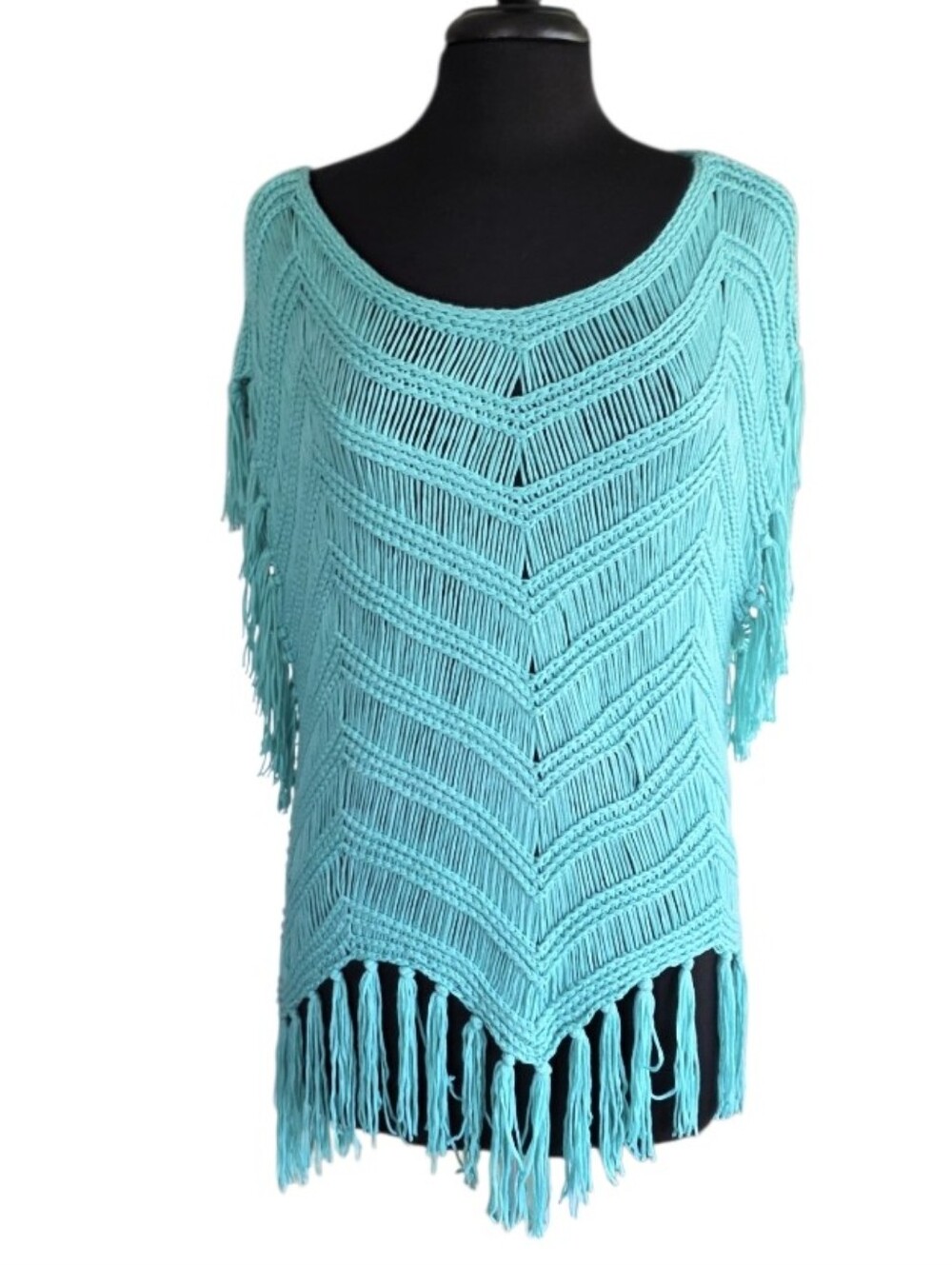New In M/L Turquoise Crochet Top Open-Weave Fringe Scoop Neck Sweater